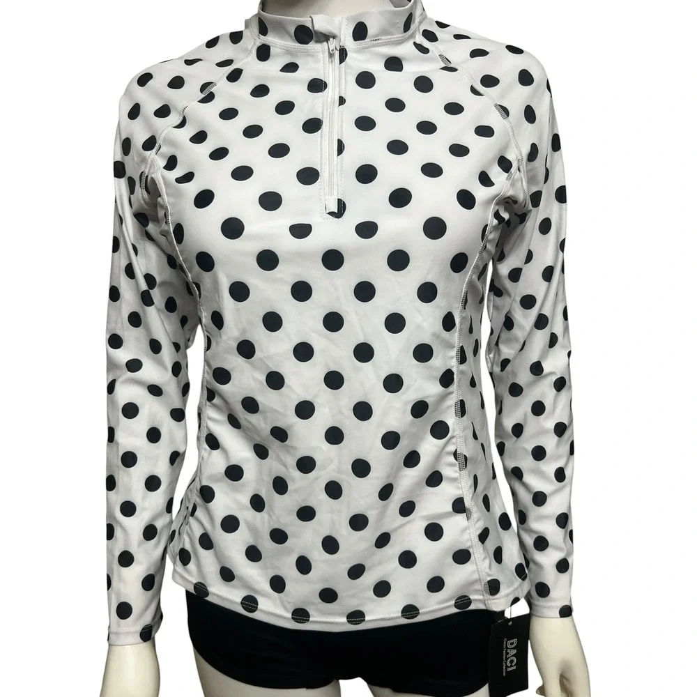 DACI Women QuarterZip Performance Pullover Polka Dot Long Sleeve Swim Top Medium